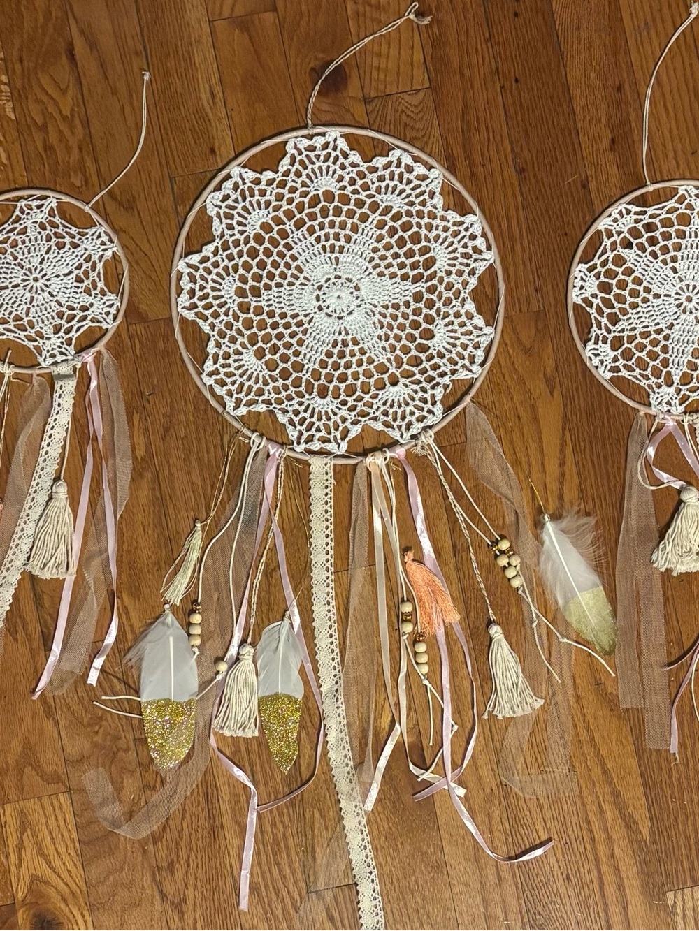 Boho Crochet Dreamcatcher Mobile with Gold-Dipped Feathers